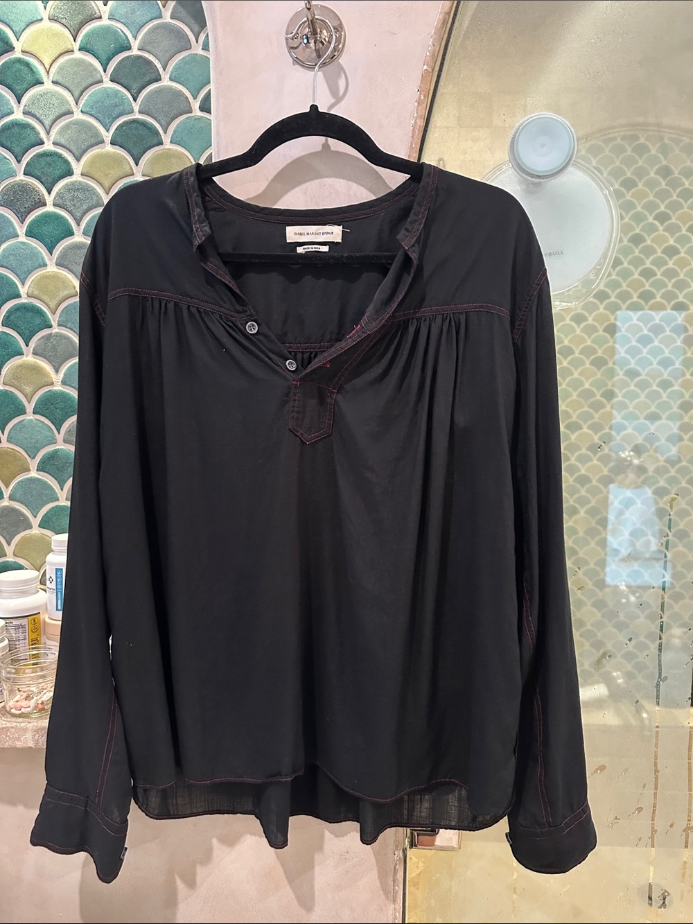 Women's Black Long-Sleeve Peasant Blouse with Subtle Contrast Stitching
